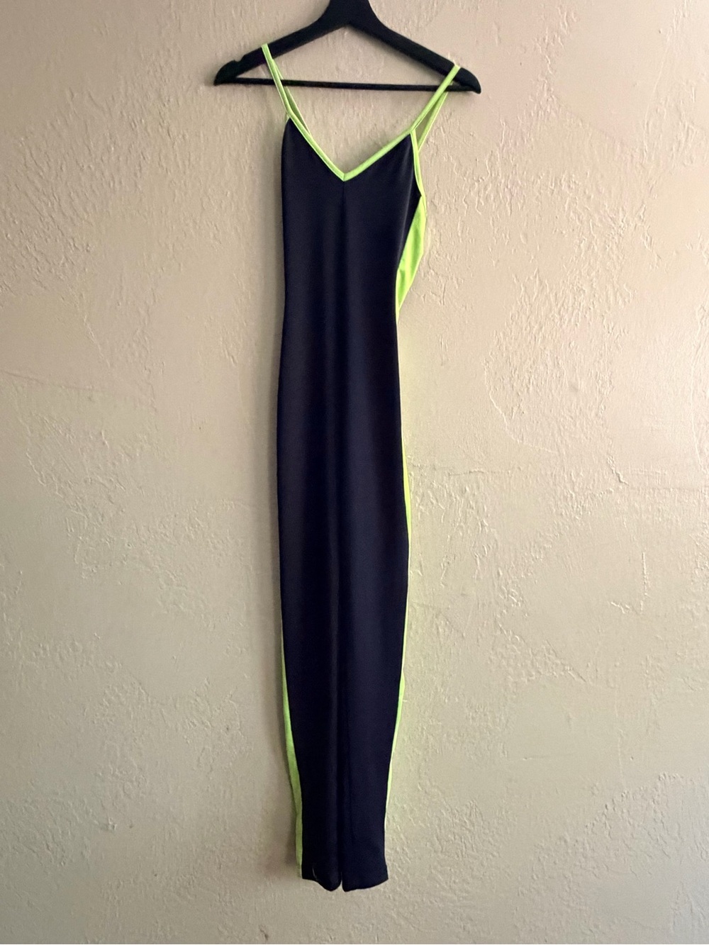 Fashion Nova Black Slip Jumpsuit with Neon Green Trim
